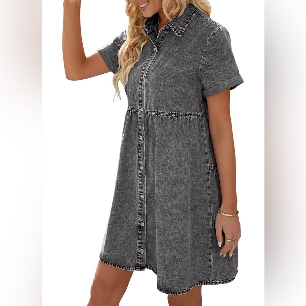 Button-Front Washed Black Denim Shirt Dress